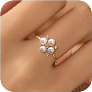 925 Sterling Silver Pearl Flower Ring for Women Dainty Cubic Zirconia Ring for Mother Daughter Elegant Shell Pearl Band Trendy Jewelry Graduation Gift Size 6-10