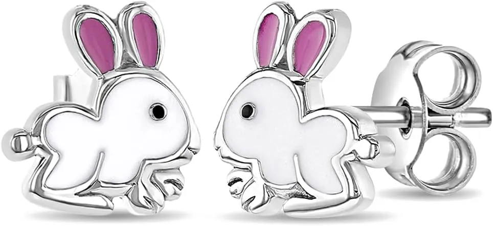 925 Sterling Silver Toddlers & Young Girls White Pink Enamel Stud Bunny Earrings For Animal Lover Kids- Fun & Stylish Earrings Gift For Children's Birthday