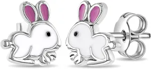 925 Sterling Silver Toddlers & Young Girls White Pink Enamel Stud Bunny Earrings For Animal Lover Kids- Fun & Stylish Earrings Gift For Children's Birthday