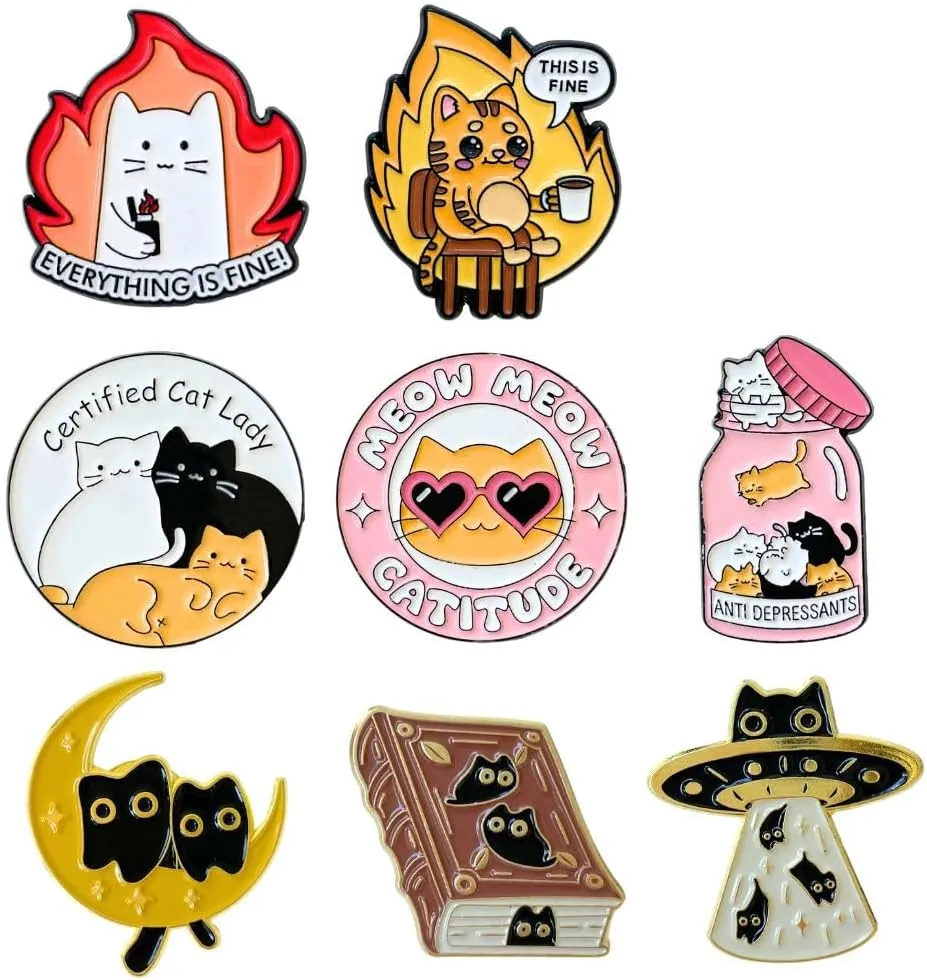 9PC Cat Enamel Pins Kitty Lapel Brooch Pin for Certified Cats Lady Mom Women Cute Funny Meme Veterinary Vet Tech Anti Depressant Animal Its Fine Knitting Orange Black with Knife Backpack Gifts