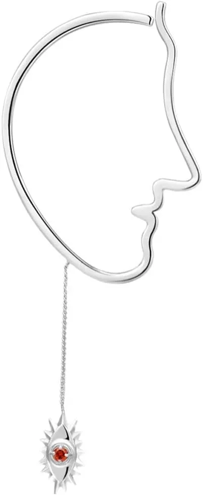 Abstract Art Face Earrings For Men Red Evil Eye Dangling One Piece Silver Engraved Abstract Human Face Ear Cuffs For Women Non Piercing Wrap Around Cartilage Jewelry