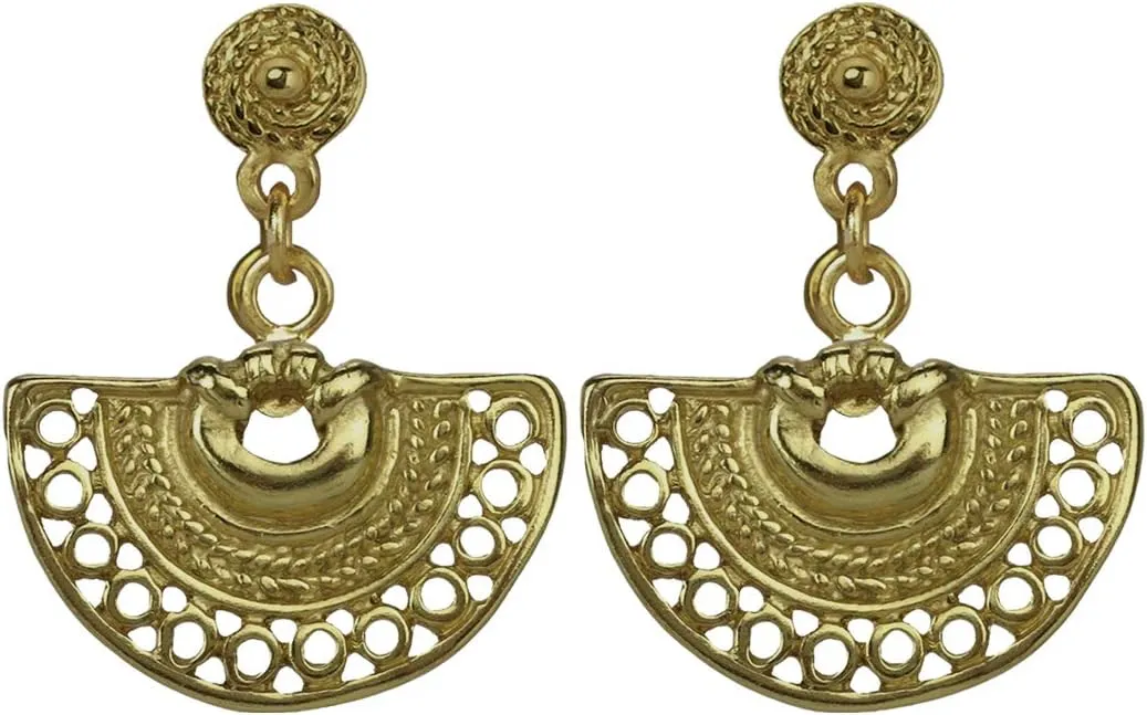 Across The Puddle, 24k Gold Plated Boho Statement Dangle Earrings - Museum Quality Goldwork Reproductions from Pre-Columbian Cultures - Historical
