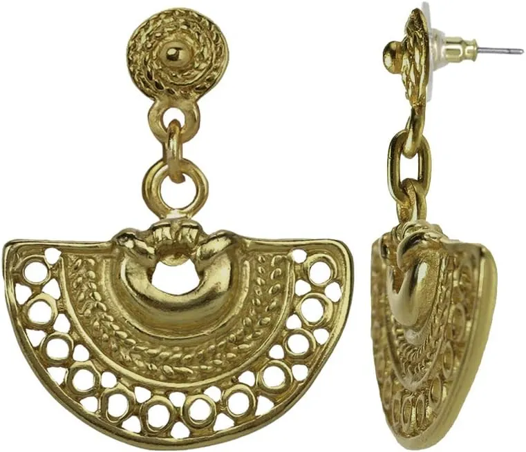 Across The Puddle, 24k Gold Plated Boho Statement Dangle Earrings - Museum Quality Goldwork Reproductions from Pre-Columbian Cultures - Historical