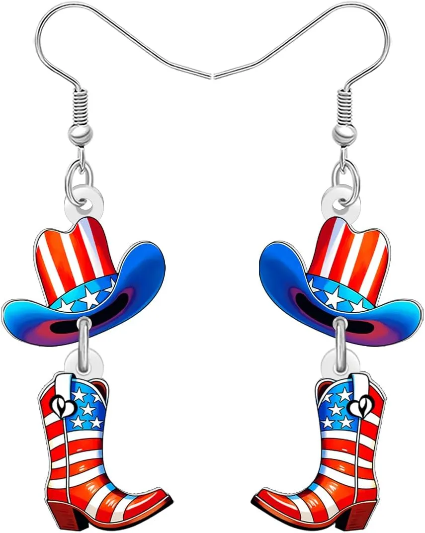 Acrylic Funny 4th of July Western Cowboy Cowgirl Hat Boots Earrings Outfit Cute American Flag Hat Patriotic Dangle Earrings Quirky Jewelry Gifts for Women Rodeo