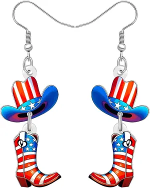 Acrylic Funny 4th of July Western Cowboy Cowgirl Hat Boots Earrings Outfit Cute American Flag Hat Patriotic Dangle Earrings Quirky Jewelry Gifts for Women Rodeo