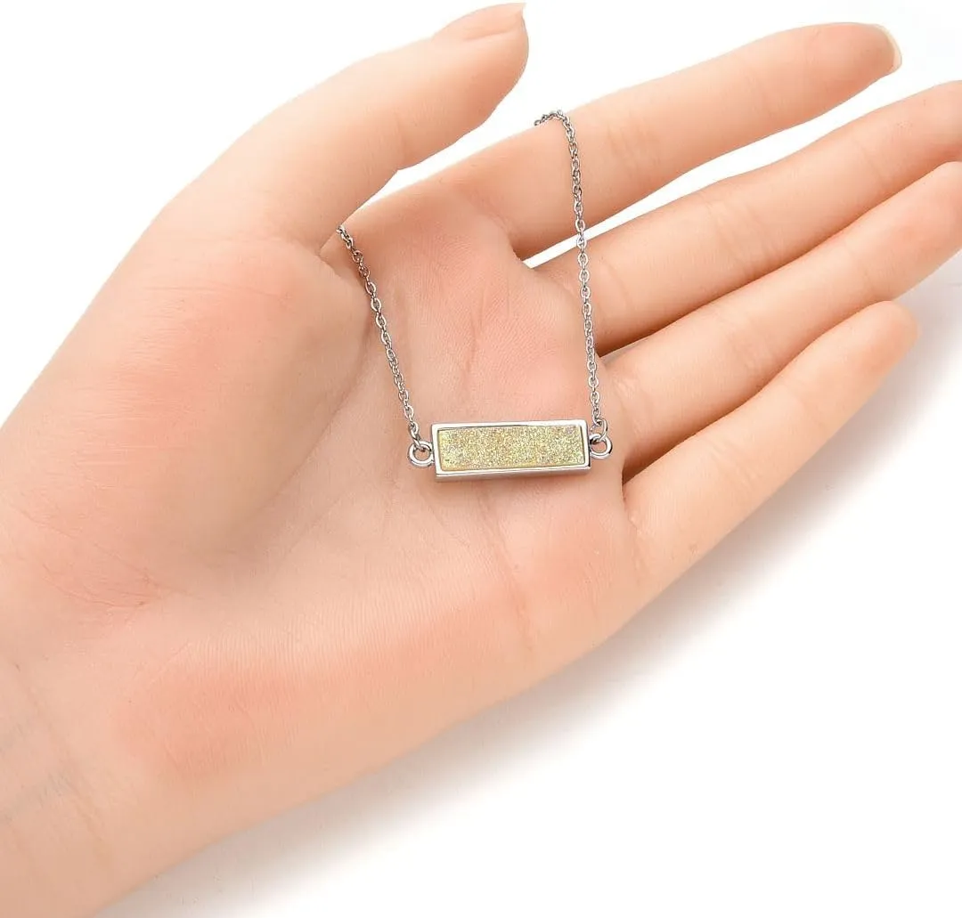 Adabele Natural Druzy Necklace Rectangle Bar Gemstone Pendant 18 inch Sparkly Agate Stone Crystal Women Jewelry Tarnish Resistant Stainless Steel/Gold Plated Chain