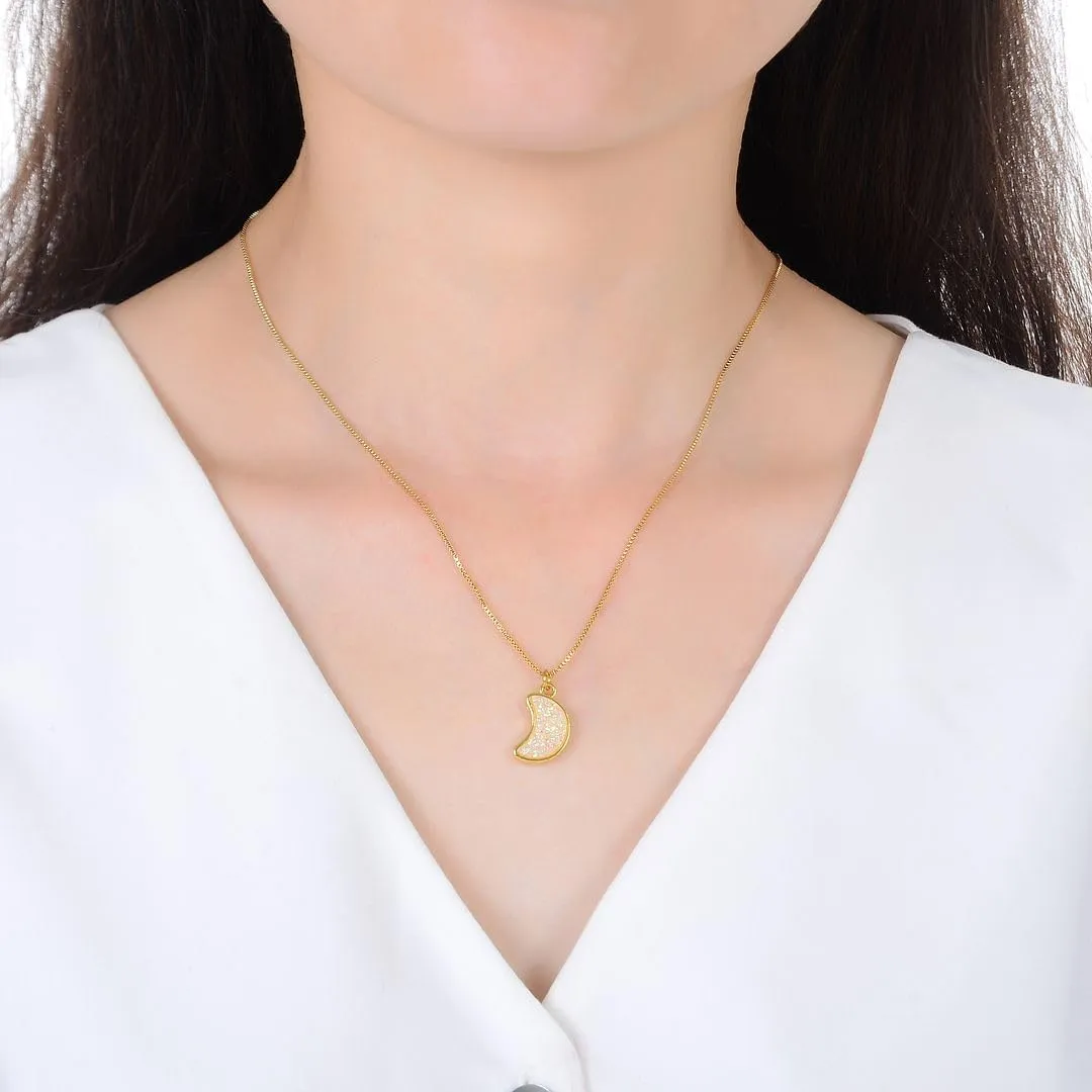 Adabele Natural Druzy Necklace Small Moon Gemstone Pendant 18 inch Sparkly Agate Stone Crystal Women Jewelry Tarnish Resistant Stainless Steel/Gold Plated Chain
