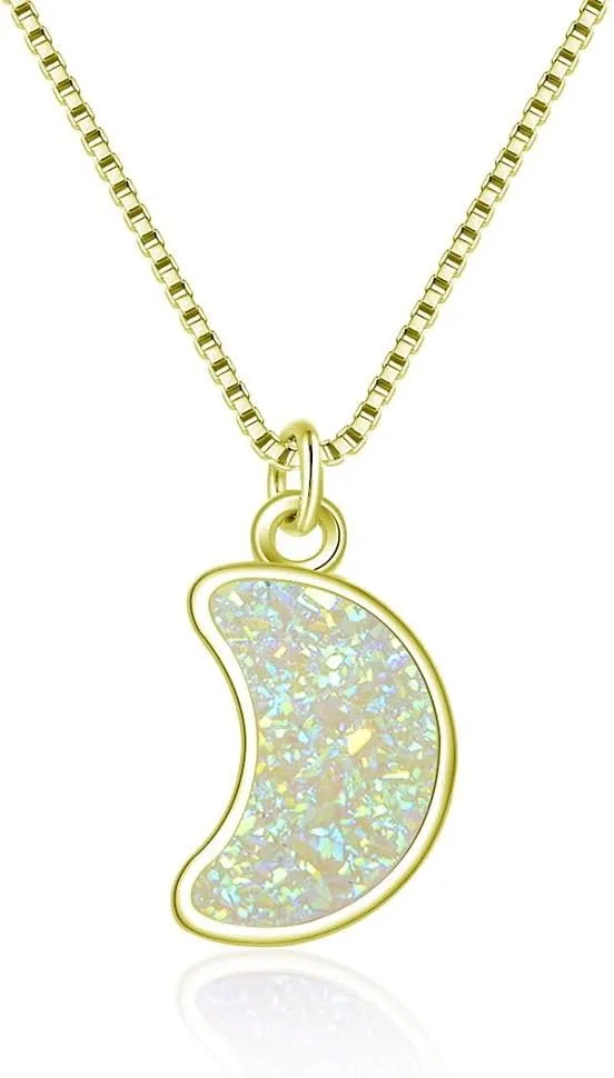 Adabele Natural Druzy Necklace Small Moon Gemstone Pendant 18 inch Sparkly Agate Stone Crystal Women Jewelry Tarnish Resistant Stainless Steel/Gold Plated Chain