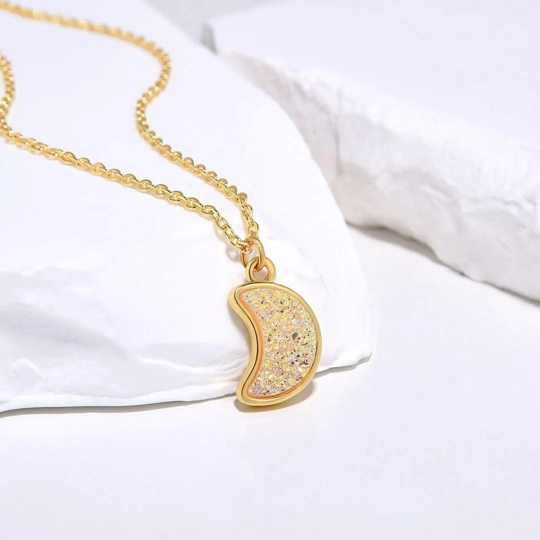 Adabele Natural Druzy Necklace Small Moon Gemstone Pendant 18 inch Sparkly Agate Stone Crystal Women Jewelry Tarnish Resistant Stainless Steel/Gold Plated Chain