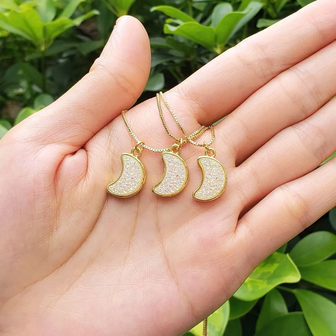 Adabele Natural Druzy Necklace Small Moon Gemstone Pendant 18 inch Sparkly Agate Stone Crystal Women Jewelry Tarnish Resistant Stainless Steel/Gold Plated Chain