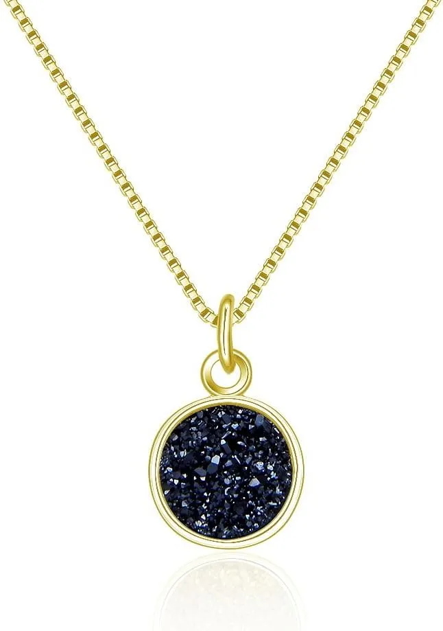 Adabele Natural Druzy Necklace Small Tiny Round Gemstone Pendant 18 inch Sparkly Agate Stone Crystal Women Jewelry Tarnish Resistant Stainless Steel/Gold Plated Chain