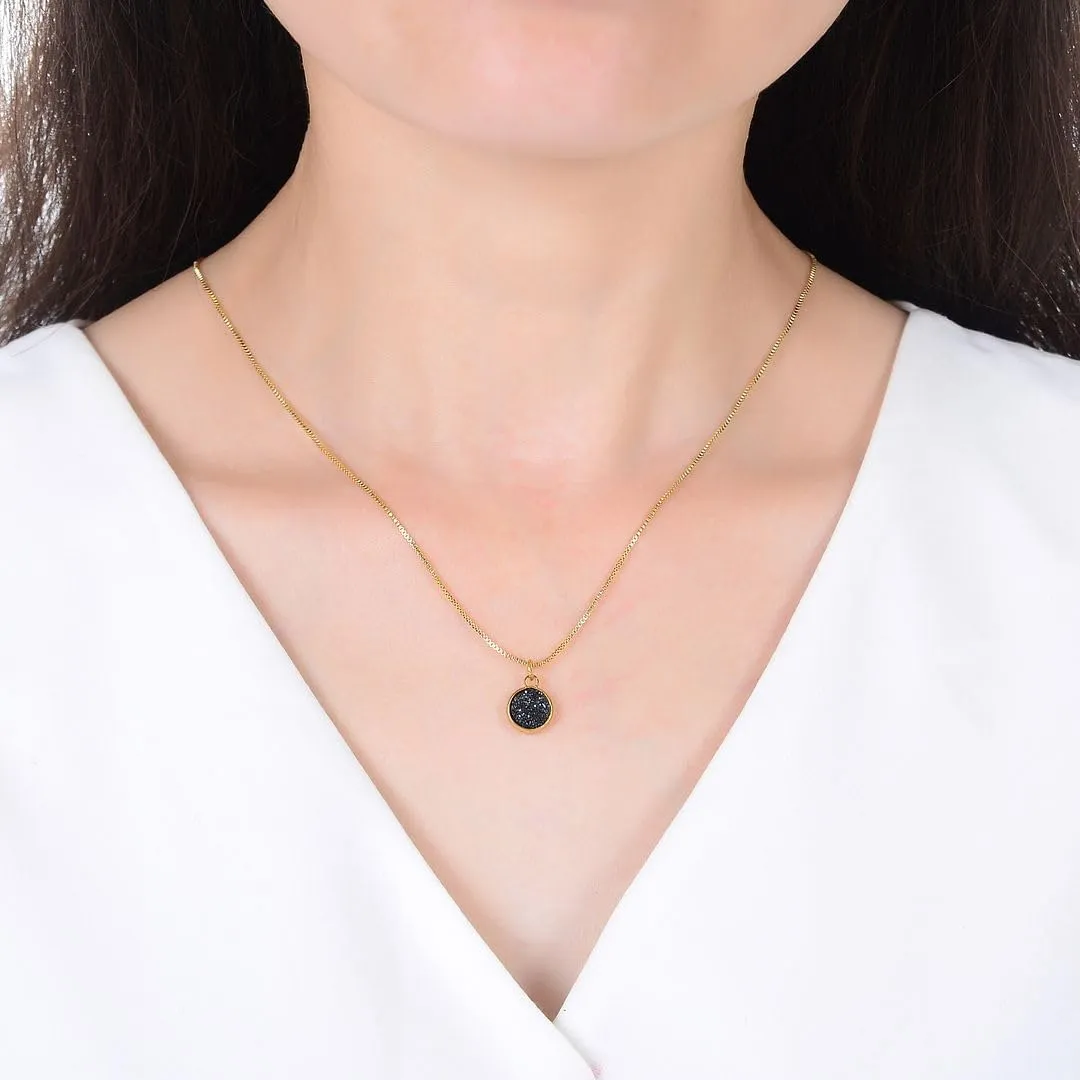 Adabele Natural Druzy Necklace Small Tiny Round Gemstone Pendant 18 inch Sparkly Agate Stone Crystal Women Jewelry Tarnish Resistant Stainless Steel/Gold Plated Chain