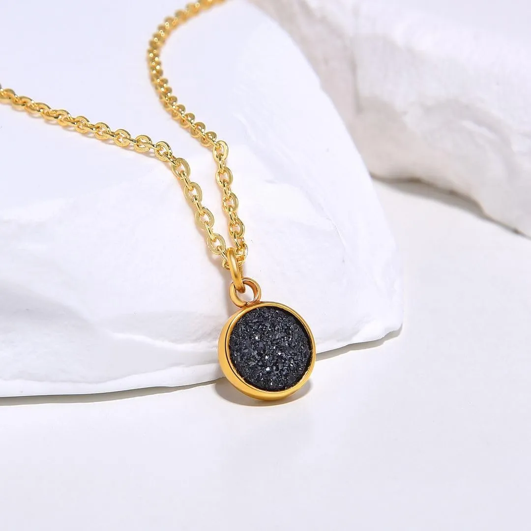 Adabele Natural Druzy Necklace Small Tiny Round Gemstone Pendant 18 inch Sparkly Agate Stone Crystal Women Jewelry Tarnish Resistant Stainless Steel/Gold Plated Chain
