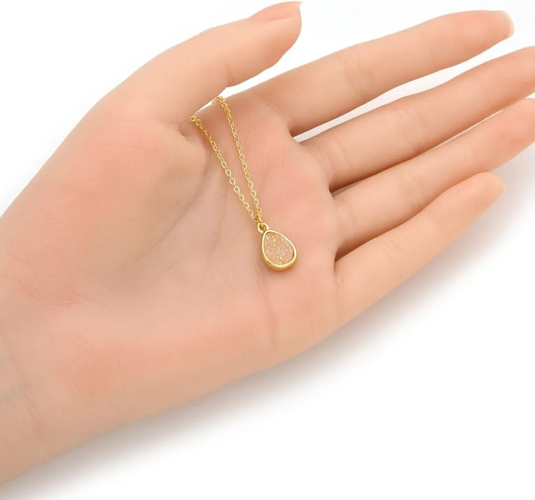 Adabele Natural Druzy Necklace Small Tiny Teardrop Gemstone Pendant 18 inch Sparkly Agate Stone Crystal Women Jewelry Tarnish Resistant Stainless Steel/Gold Plated Chain