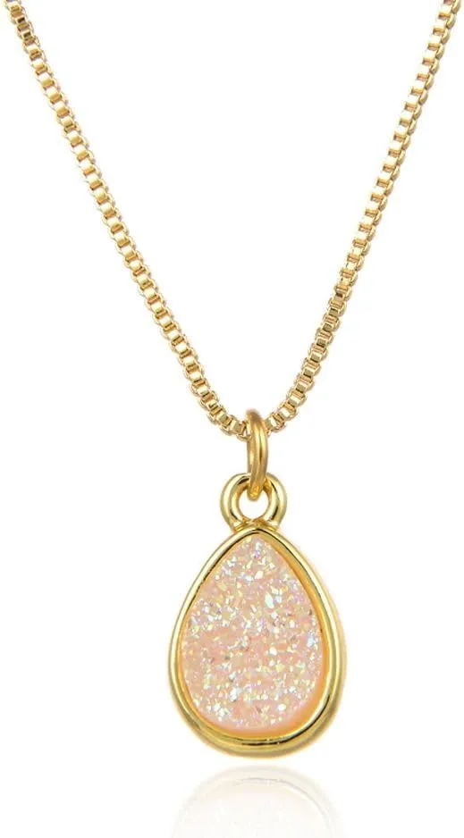 Adabele Natural Druzy Necklace Small Tiny Teardrop Gemstone Pendant 18 inch Sparkly Agate Stone Crystal Women Jewelry Tarnish Resistant Stainless Steel/Gold Plated Chain