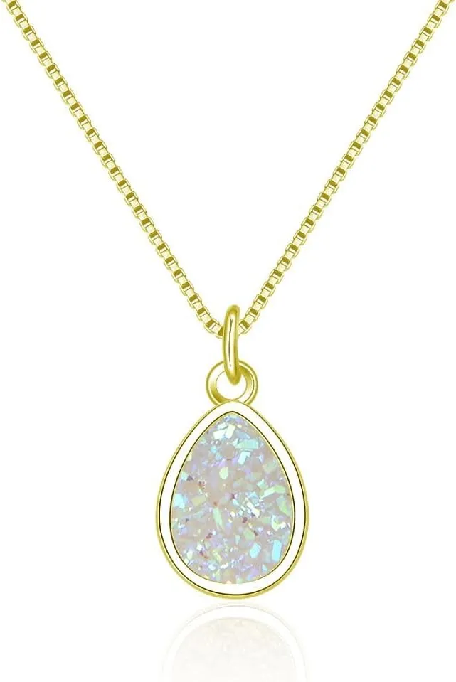 Adabele Natural Druzy Necklace Small Tiny Teardrop Gemstone Pendant 18 inch Sparkly Agate Stone Crystal Women Jewelry Tarnish Resistant Stainless Steel/Gold Plated Chain