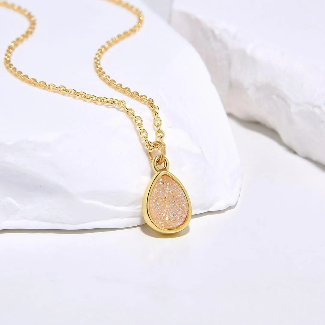 Adabele Natural Druzy Necklace Small Tiny Teardrop Gemstone Pendant 18 inch Sparkly Agate Stone Crystal Women Jewelry Tarnish Resistant Stainless Steel/Gold Plated Chain