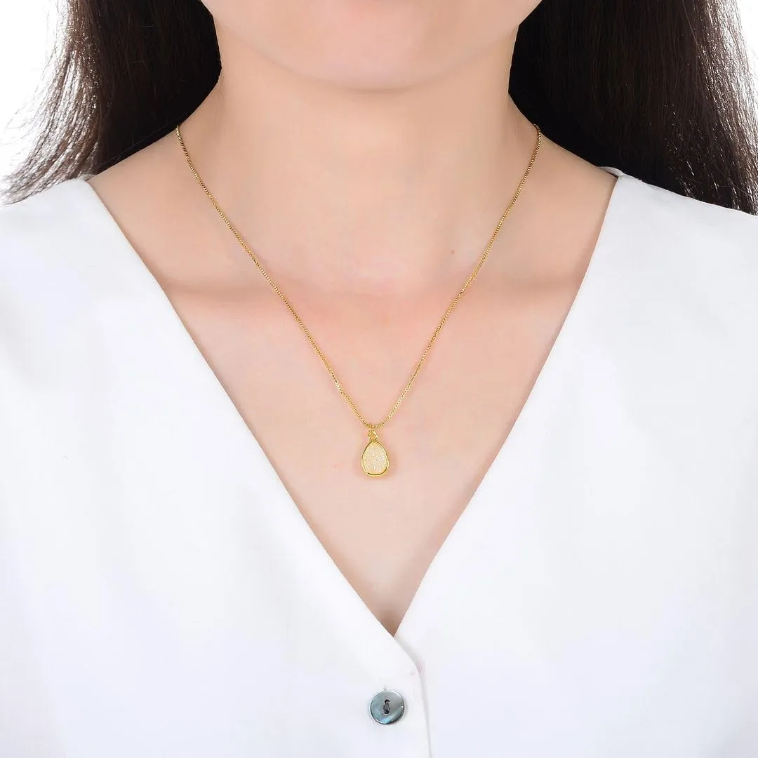 Adabele Natural Druzy Necklace Small Tiny Teardrop Gemstone Pendant 18 inch Sparkly Agate Stone Crystal Women Jewelry Tarnish Resistant Stainless Steel/Gold Plated Chain