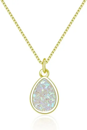 Adabele Natural Druzy Necklace Small Tiny Teardrop Gemstone Pendant 18 inch Sparkly Agate Stone Crystal Women Jewelry Tarnish Resistant Stainless Steel/Gold Plated Chain