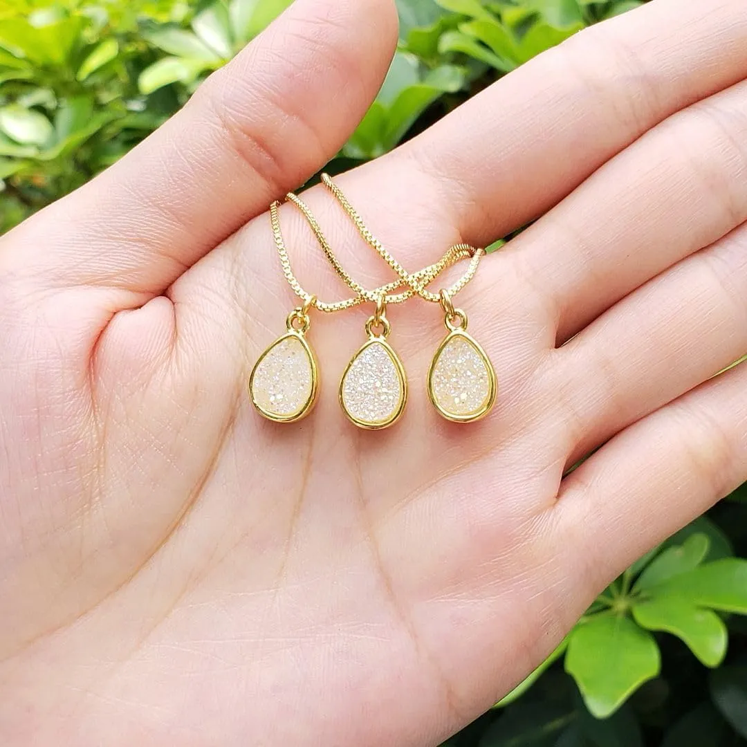 Adabele Natural Druzy Necklace Small Tiny Teardrop Gemstone Pendant 18 inch Sparkly Agate Stone Crystal Women Jewelry Tarnish Resistant Stainless Steel/Gold Plated Chain