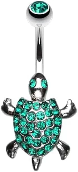 Adorable Turtle Dance Gem Cubic Zirconia Navel Dangle Belly Button Ring