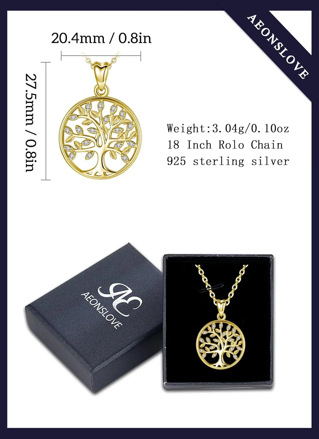 AEONSLOVE Tree of Life Necklace 925 Sterling Silver, Family Tree of Life Pendants Jewelry Gifts for Women Wife Mother, 18 Inch Chain