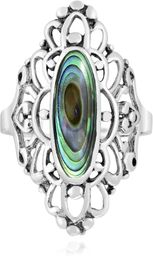 AeraVida Heart Filigree Oval Abalone Shell .925 Sterling Silver Ring | Elegant Wedding Rings For Women | Casual Comfort Fit Silver Rings for Women | Gift for Daughter | Sterling Silver Rings Sizes (6-11)