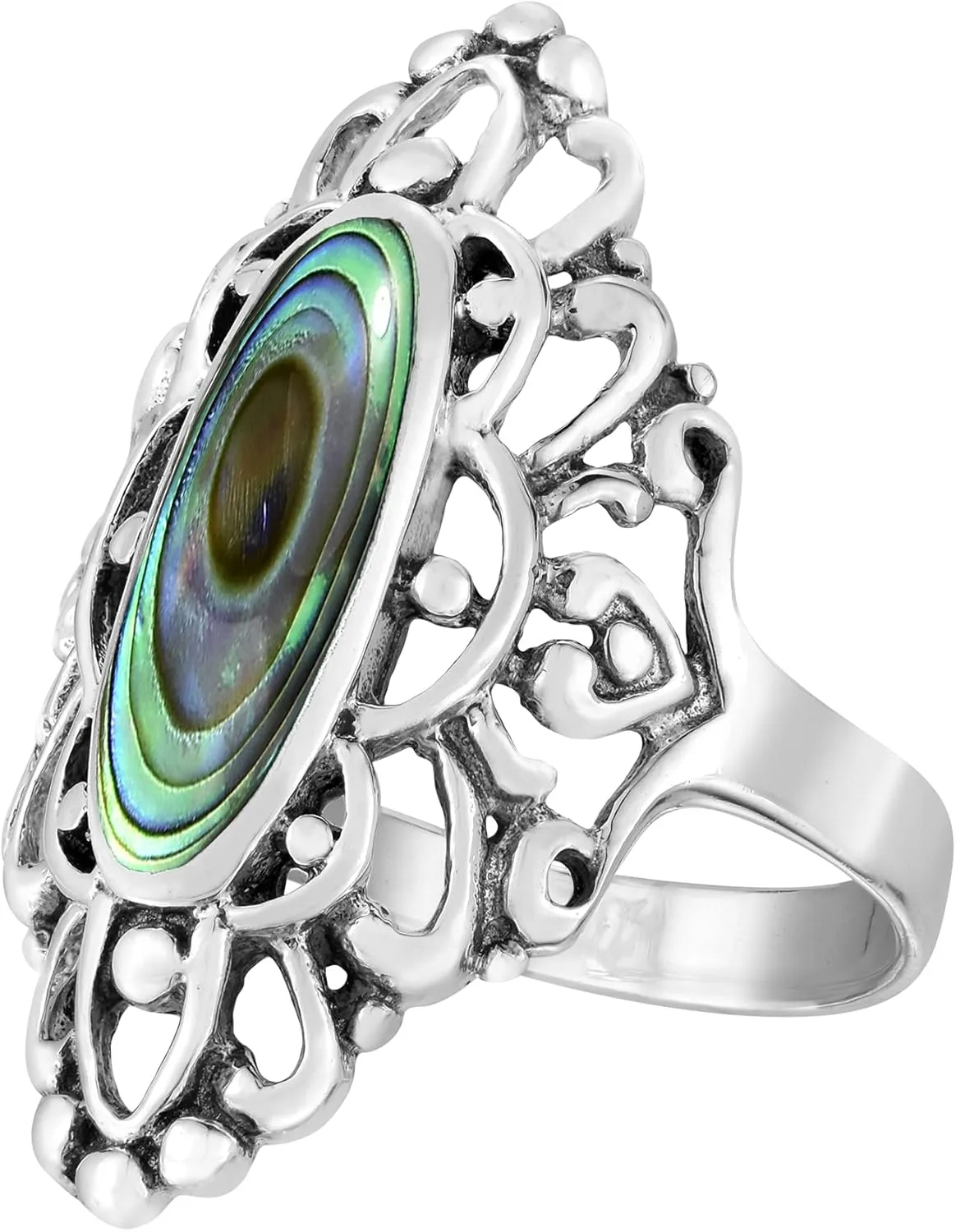 AeraVida Heart Filigree Oval Abalone Shell .925 Sterling Silver Ring | Elegant Wedding Rings For Women | Casual Comfort Fit Silver Rings for Women | Gift for Daughter | Sterling Silver Rings Sizes (6-11)