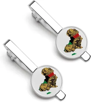 Africa Map with Africa Wild Animals Tie Clips for Men Silver Necktie Tie Bar Pinch Clips for Wedding Anniversary Business