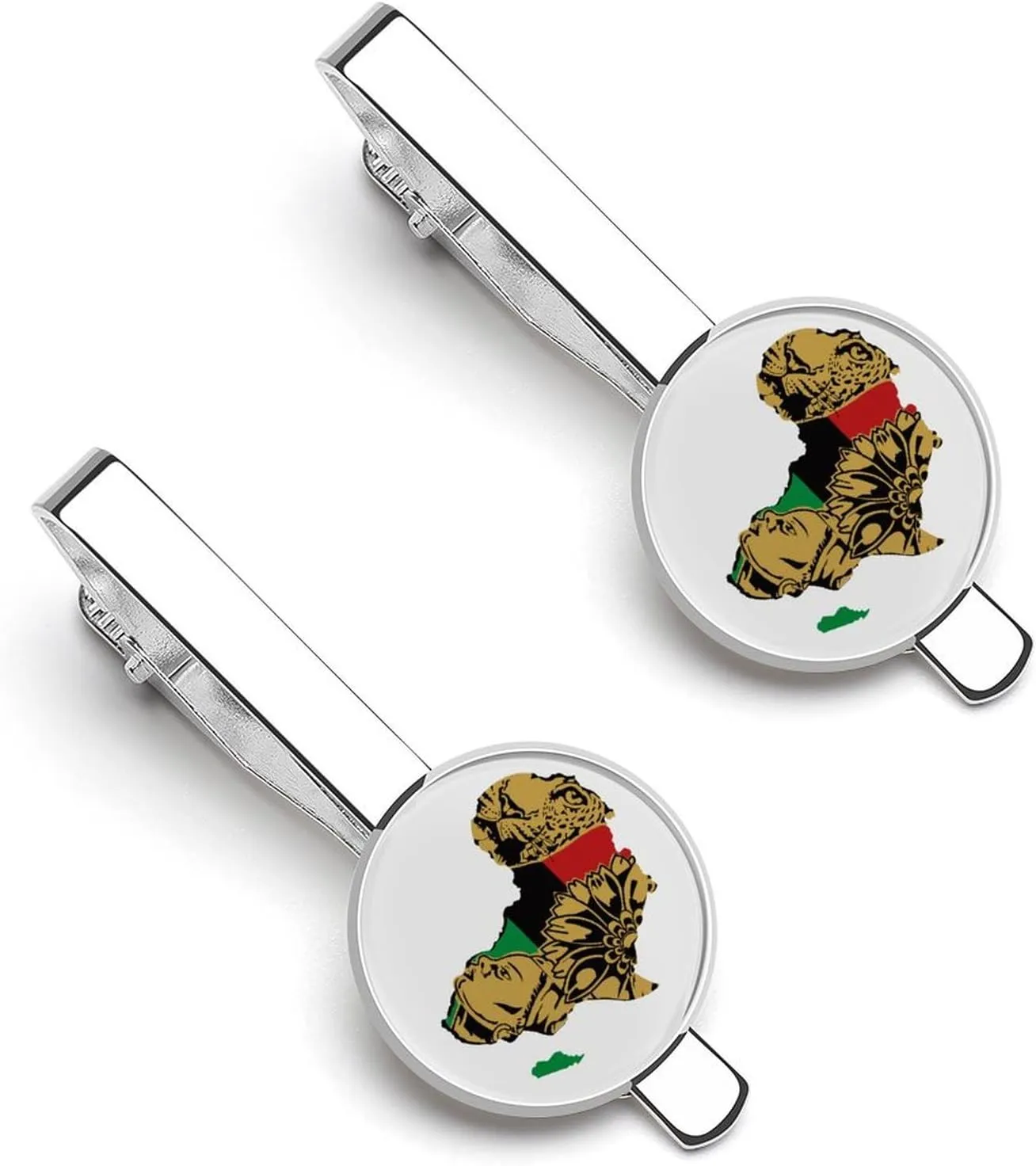Africa Map with Africa Wild Animals Tie Clips for Men Silver Necktie Tie Bar Pinch Clips for Wedding Anniversary Business