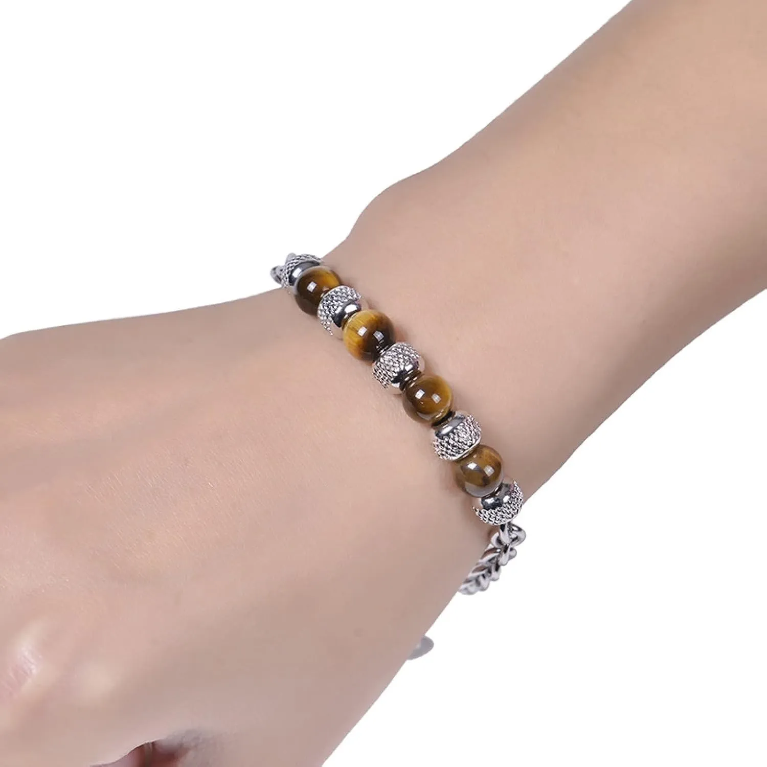Aienid Mens Bracelet Silver, Mens Stainless Steel Bracelet Band Magnesite Fashion Elegant Beaded Bracelet Nature Stone for Women New Year Jewelry