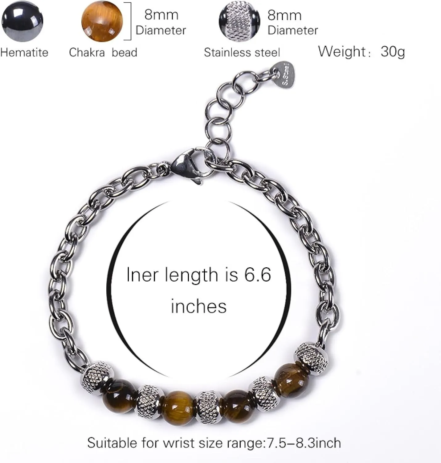 Aienid Mens Bracelet Silver, Mens Stainless Steel Bracelet Band Magnesite Fashion Elegant Beaded Bracelet Nature Stone for Women New Year Jewelry