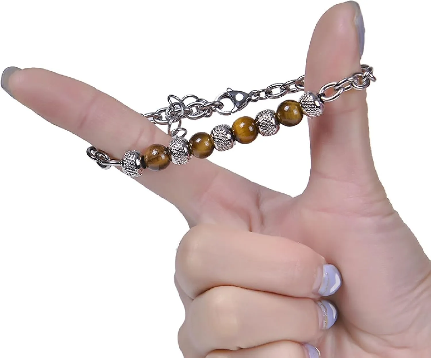 Aienid Mens Bracelet Silver, Mens Stainless Steel Bracelet Band Magnesite Fashion Elegant Beaded Bracelet Nature Stone for Women New Year Jewelry