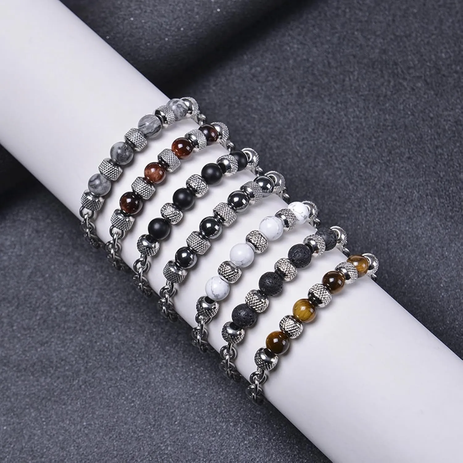Aienid Mens Bracelet Silver, Mens Stainless Steel Bracelet Band Magnesite Fashion Elegant Beaded Bracelet Nature Stone for Women New Year Jewelry