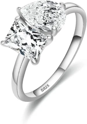 Aienid S925 Sterling Silver Bands Ring, Engagement Rings and Wedding Bands 2 Stone Teardrop Silver Ring