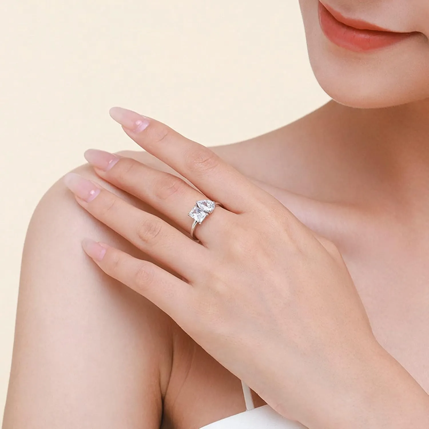 Aienid S925 Sterling Silver Bands Ring, Engagement Rings and Wedding Bands 2 Stone Teardrop Silver Ring