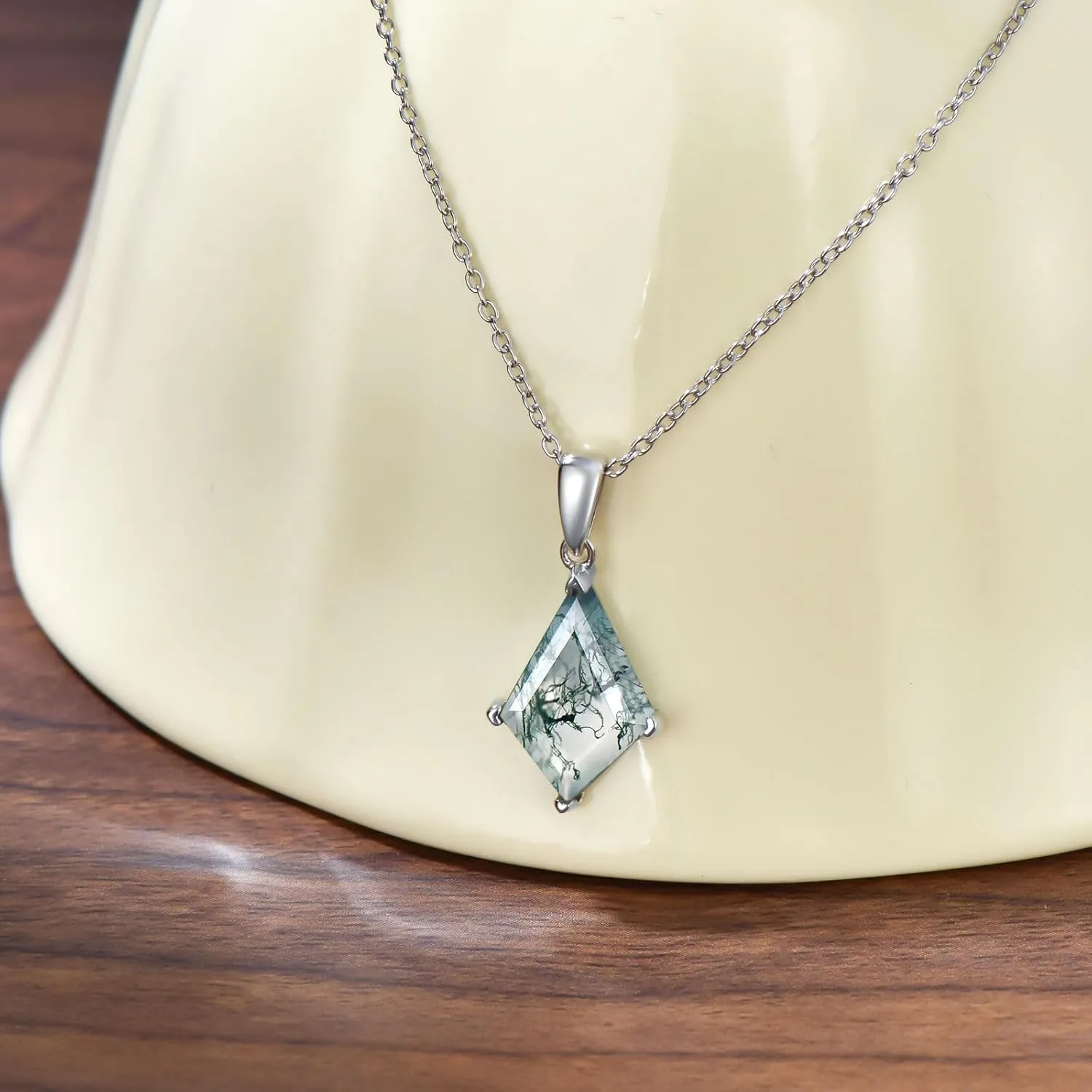 Aihpos Natural Moss Agate Necklace - Sterling Silver Green Moss Agate Oval/Pear/Kite/Hexagon Cut/Branch, 18''-20''