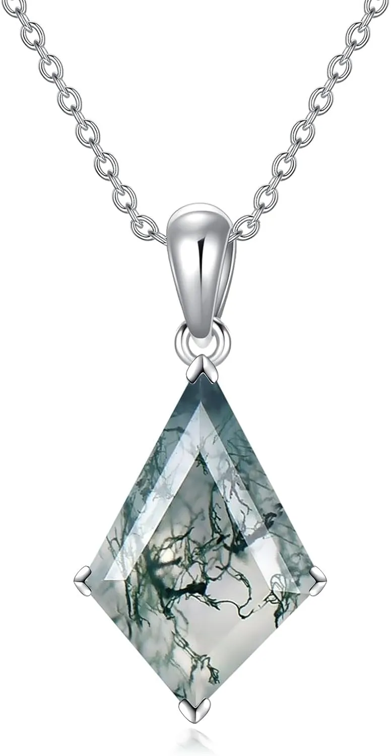 Aihpos Natural Moss Agate Necklace - Sterling Silver Green Moss Agate Oval/Pear/Kite/Hexagon Cut/Branch, 18''-20''
