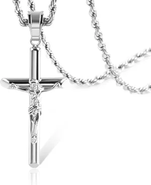 ALEXCRAFT Sterling Silver Plated Cross Necklace for Men Gold Plated Cross Necklaces for Women Trendy Stainless Steel Crucifix Pendant with 3mm 21inch Rope Chain