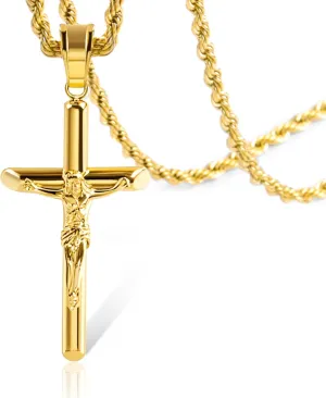 ALEXCRAFT Sterling Silver Plated Cross Necklace for Men Gold Plated Cross Necklaces for Women Trendy Stainless Steel Crucifix Pendant with 3mm 21inch Rope Chain