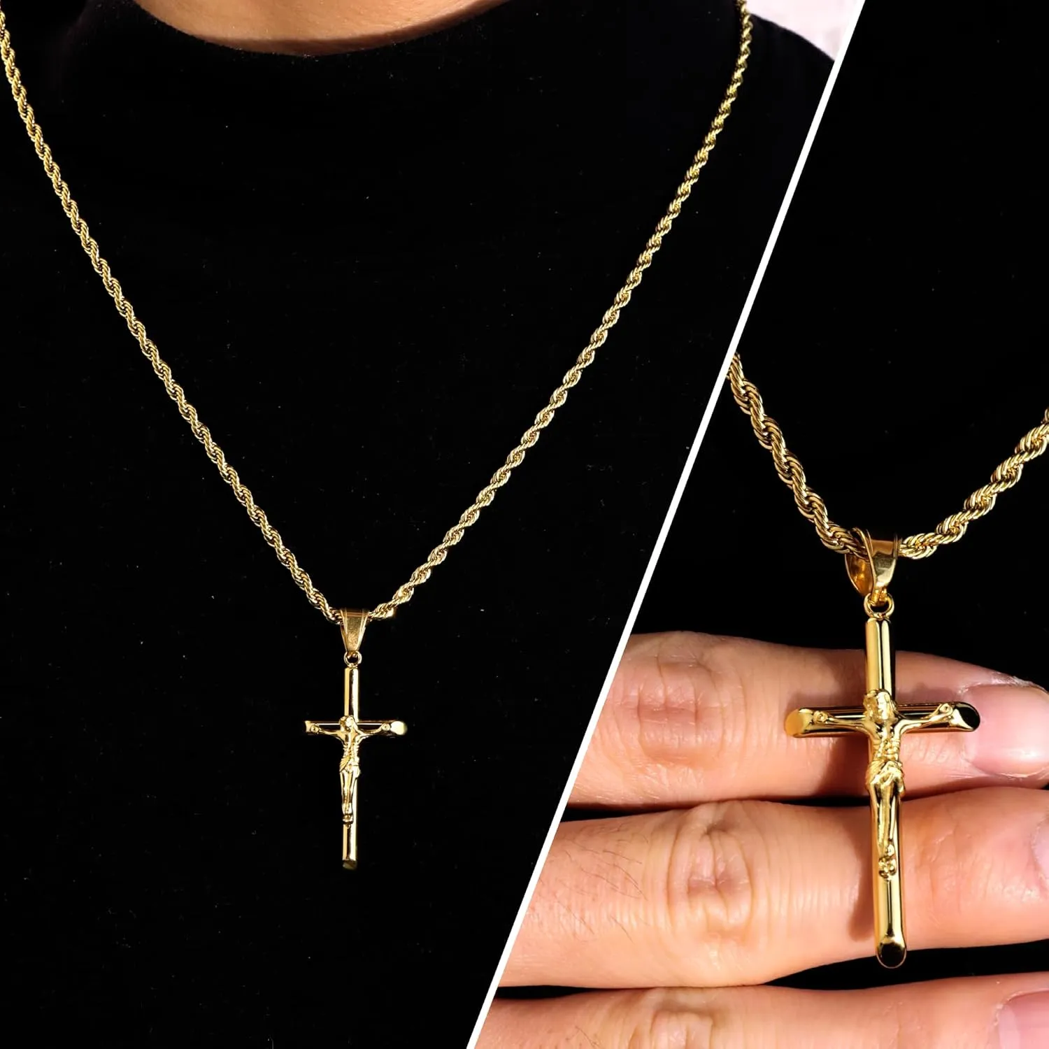ALEXCRAFT Sterling Silver Plated Cross Necklace for Men Gold Plated Cross Necklaces for Women Trendy Stainless Steel Crucifix Pendant with 3mm 21inch Rope Chain
