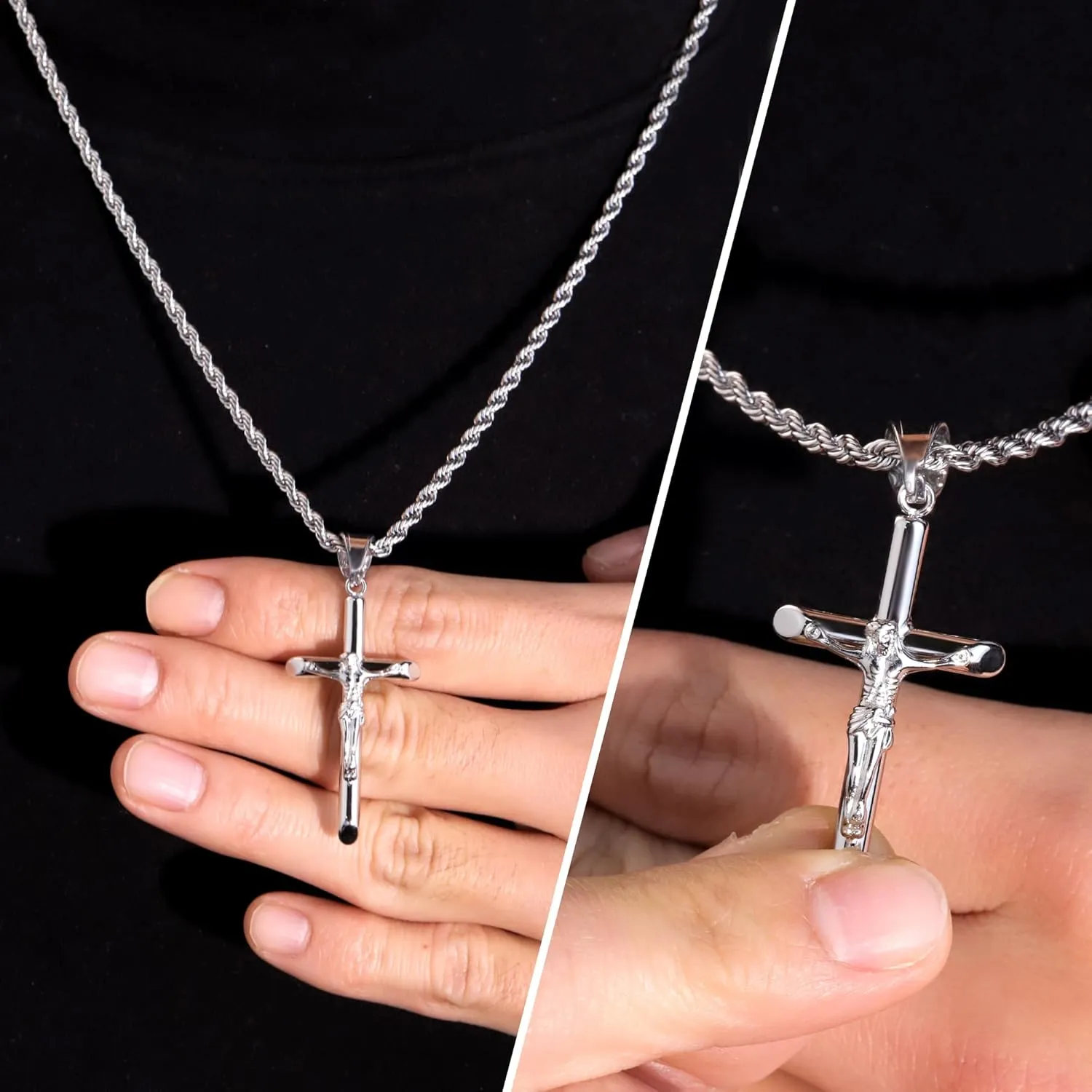 ALEXCRAFT Sterling Silver Plated Cross Necklace for Men Gold Plated Cross Necklaces for Women Trendy Stainless Steel Crucifix Pendant with 3mm 21inch Rope Chain
