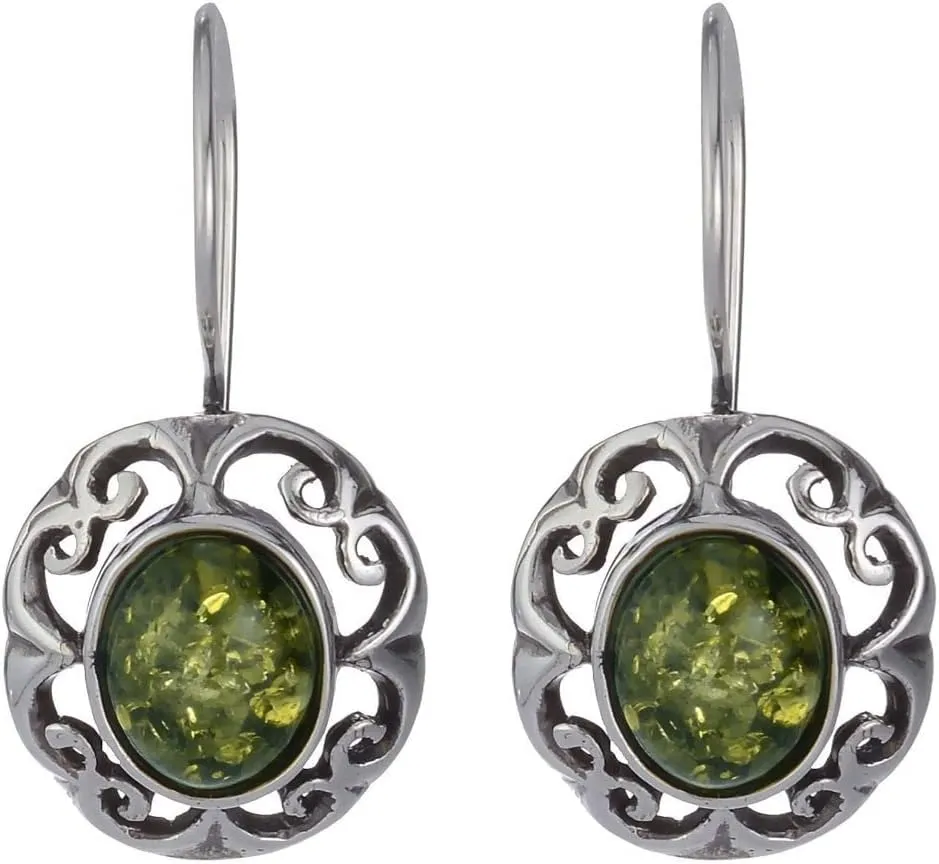 Amber Earrings - Baltic Green Amber Fish Hook Drop Earrings for Women "Camila" - Sterling Silver Jewelry Collection