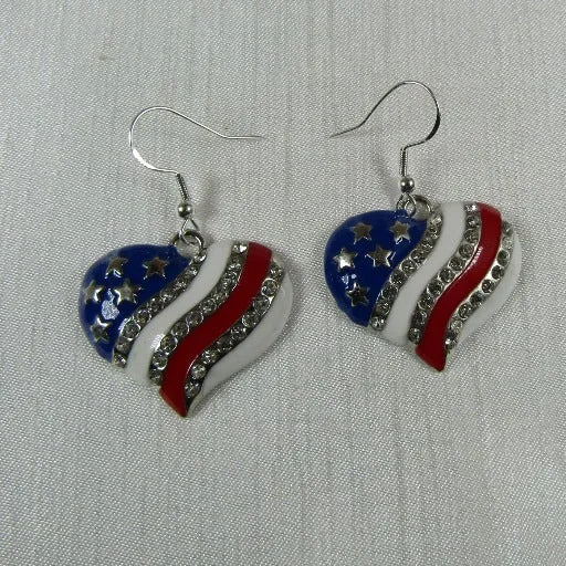 American Flag Heart Earrings Silver