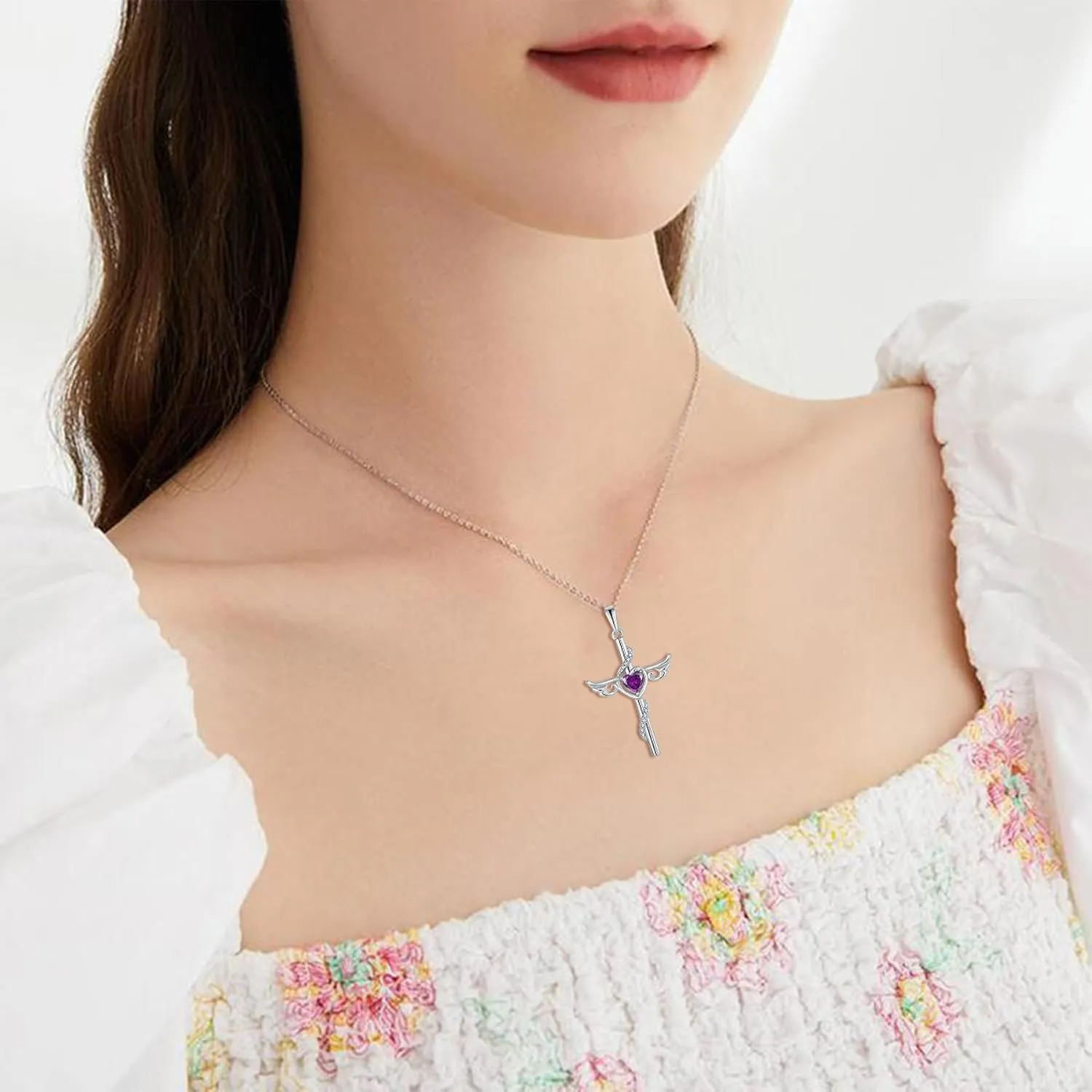 Angel Wings Cross Necklace for Women 925 Sterling Silver Cubic Zirconia Cross Necklaces Birthstone Christian Religious Faith Necklace Jewelry