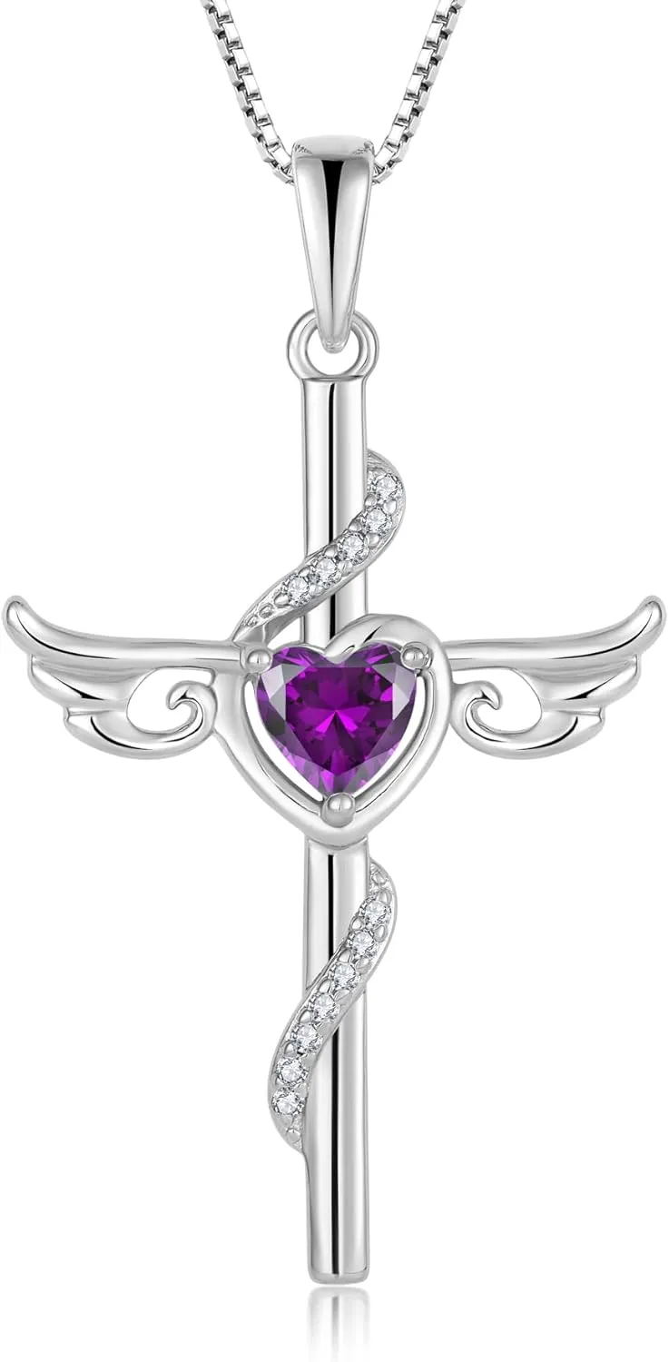 Angel Wings Cross Necklace for Women 925 Sterling Silver Cubic Zirconia Cross Necklaces Birthstone Christian Religious Faith Necklace Jewelry