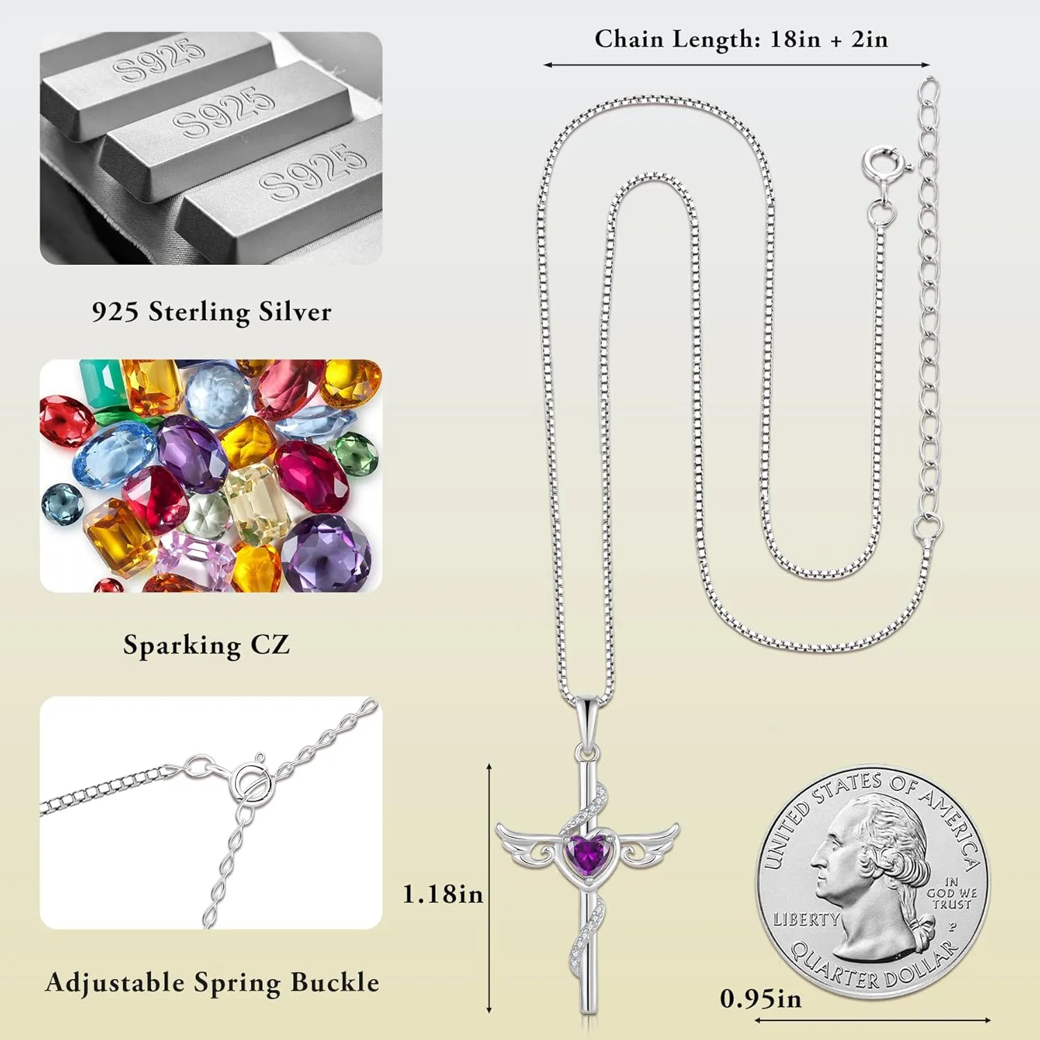 Angel Wings Cross Necklace for Women 925 Sterling Silver Cubic Zirconia Cross Necklaces Birthstone Christian Religious Faith Necklace Jewelry
