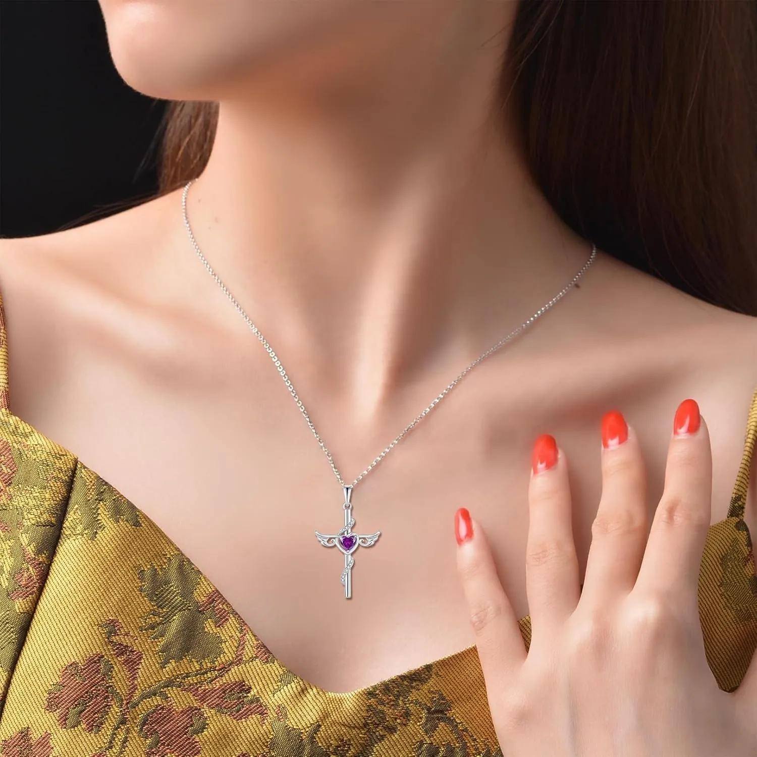 Angel Wings Cross Necklace for Women 925 Sterling Silver Cubic Zirconia Cross Necklaces Birthstone Christian Religious Faith Necklace Jewelry