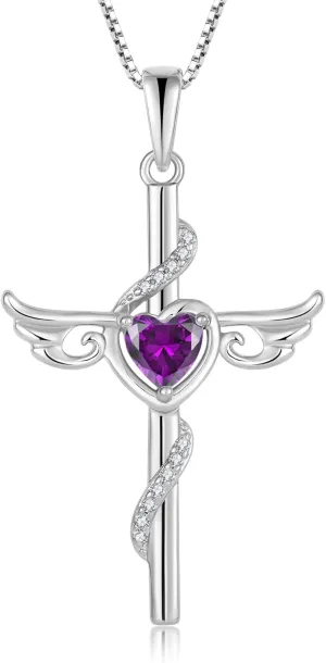 Angel Wings Cross Necklace for Women 925 Sterling Silver Cubic Zirconia Cross Necklaces Birthstone Christian Religious Faith Necklace Jewelry