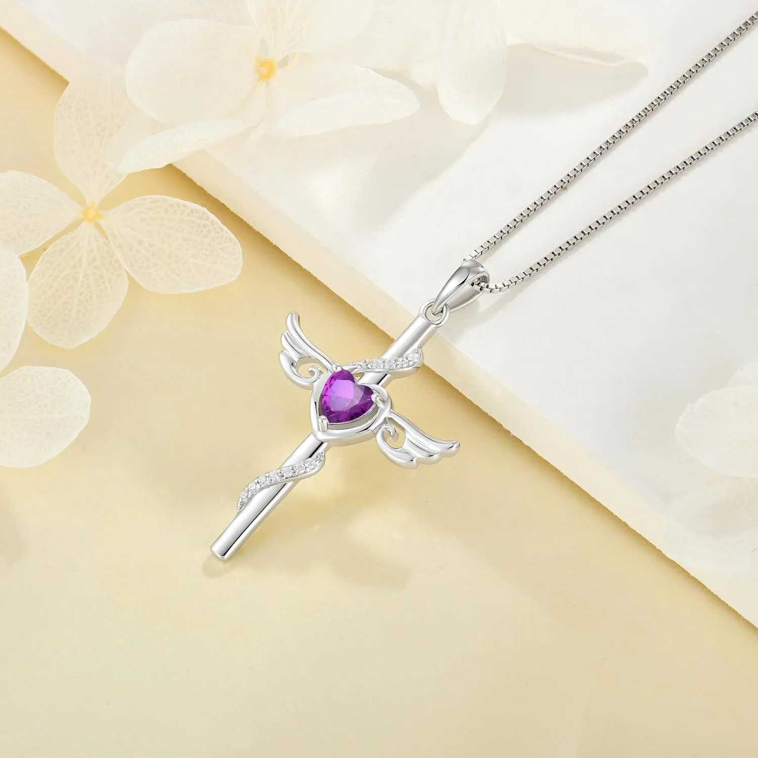 Angel Wings Cross Necklace for Women 925 Sterling Silver Cubic Zirconia Cross Necklaces Birthstone Christian Religious Faith Necklace Jewelry